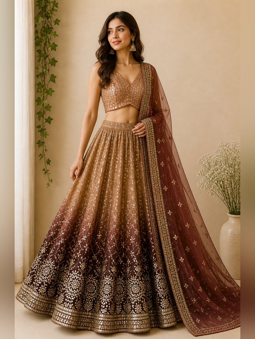 Brown-Orange Embroidered Lehenga Choli Set